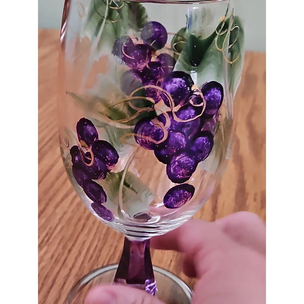 Set of 2 Hand Painted Grape Stemmed Wine Glasses, Clear Purple Glass Vines